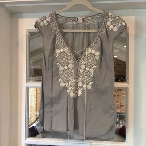 J. Crew Women's Gray Cap Sleeve 100% Cotton  Embroidered Blouse Size XS